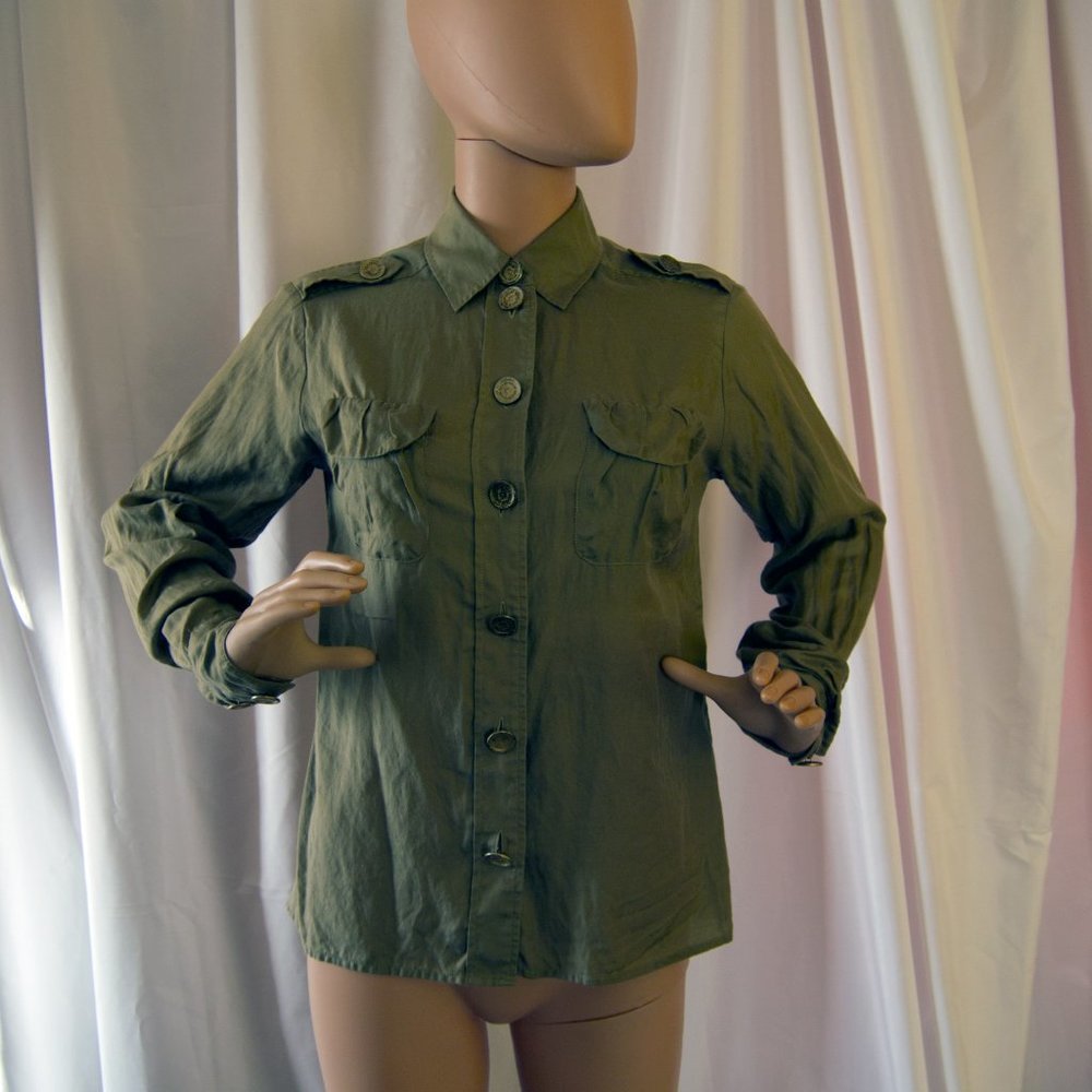 Army Green Blouse with Gold Buttons Cotton Silk Blend Size 4 by See by Chloe